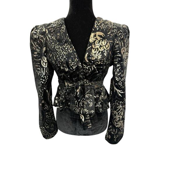 Sabina Musayev Sequin Velvet Wrap Blazer Top Black Gold Tie Waist XS/S Party - Picture 1 of 8